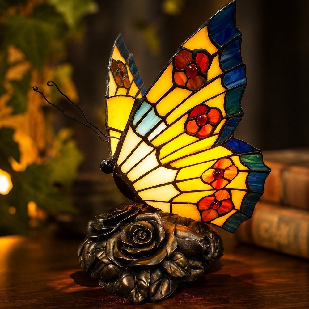 Vintage Quoizel Tiffany Style Butterfly Accent Lamp Stained Glass Rose Base